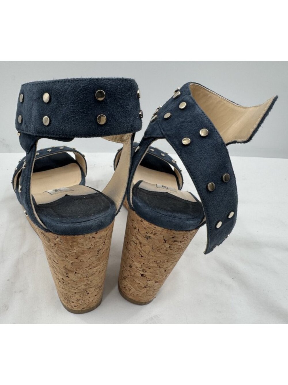 JIMMY CHOO Dark Navy Suede Studded Cork Nelly Wedge Sandals Heels Shoes Sz 41.5 - Picture 8 of 16